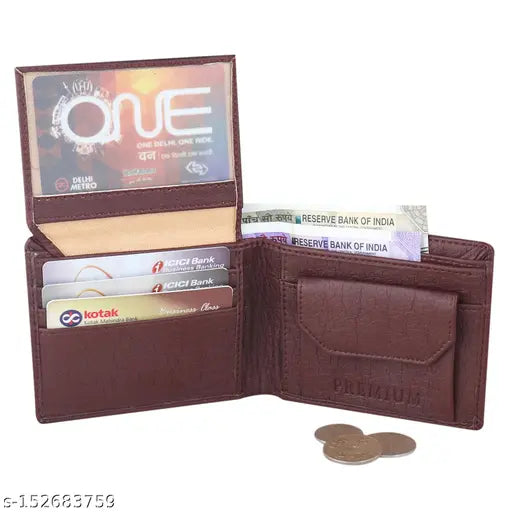 Brown leather men's wallet, faux leatherette with RFID protection, 3 card slots, coin pocket, 2 hidden compartments, 2 currency slots, 2 ID compartments. Solid design, durable texture, gift box included