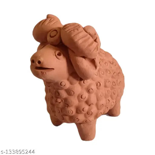 Natural terracotta sheep family set: Handcrafted eco-friendly mumma, pappa, and baby figurines, approximately 8cm x 4cm x 8cm each, made in India