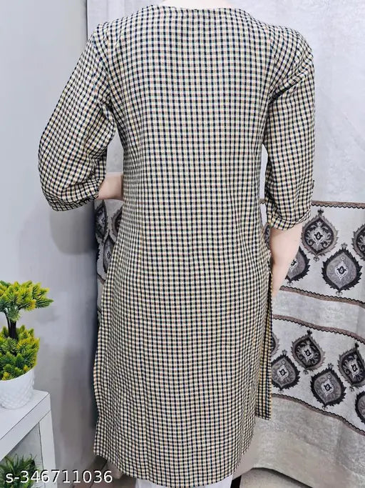 Yellow woolen kurti for winter, 3/4 sleeve, printed combo. Women's straight-fit woolen frock for casual or formal wear