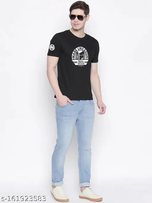 Organic Chics black graphic printed men's t-shirt, cotton half sleeve with Royal Enfield design