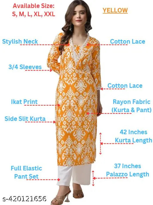 Trendy mustard Rayon Kurta Pant set with white cotton lace embroidery, ideal for party wear or casual gatherings