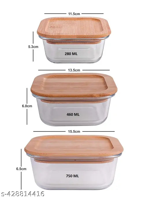 Eco-friendly glass food storage set: 280ml, 460ml, 750ml containers with air-tight wooden lids, premium leakproof for fridge use