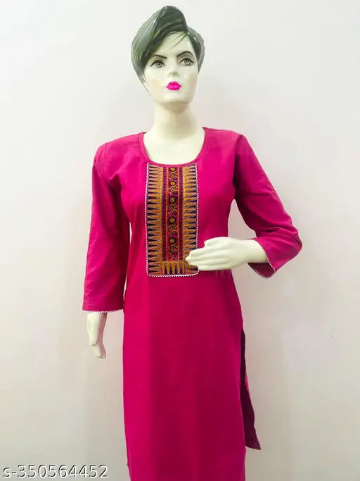Kashmiri pashmina three-quarter sleeve solid woolen kurti, intricate embroidery works, comfortable fit for women and girls, handcrafted in India