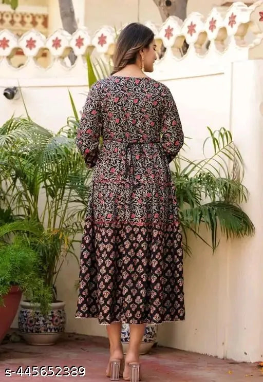 Black embroidered rayon flared anarkali gown kurta for women, stylish printed pattern on three-quarter sleeves