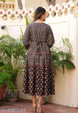 Black embroidered rayon flared anarkali gown kurta for women, stylish printed pattern on three-quarter sleeves