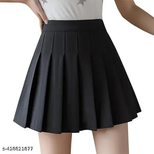 Black polyester high waist pleated mini skater tennis skirt with self-design net pattern, comfortable and easy to wear