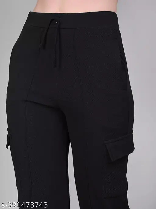 Solid cotton blend fancy cargo pant for woman combo, high waist with bow tie design, comfortable, durable, functional pockets