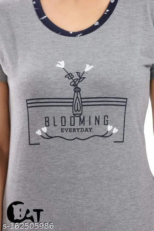 Grey cotton women's nightsuit set with half sleeve t-shirt and pajama pants, printed pattern, regular fit