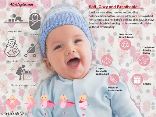 Organic cotton muslin baby blanket, 100x100 cm, multipurpose use with self-design print, ideal for newborns to 12 months