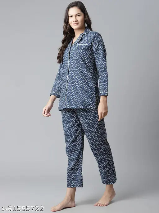 Divena Indigo Printed Cotton Nightsuit - Vibrant Yellow, 100% Cotton Summer/Winter Slip