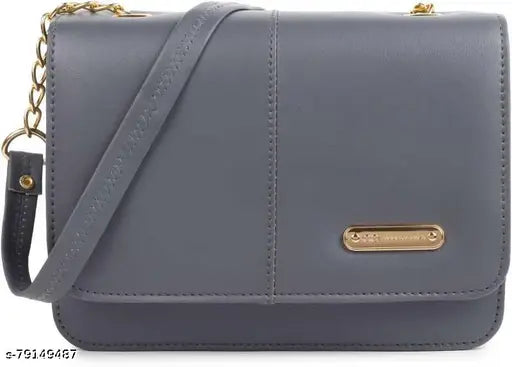 Grey PU Women's Sling Bag (16.H x 22.L x 7.W cm), free size with magnet lock closure and cross-body strap. Stylish sling bag for women, latest handbag trend