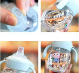 Blue plastic spout sipper bottle for kids, 340ML capacity with handle and adjustable strap - spill-proof design, safe and durable material, easy-to-clean spout