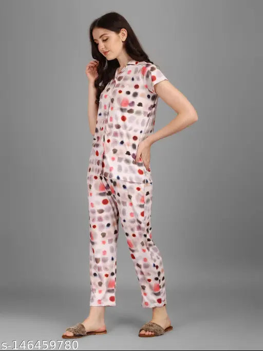 Kinjo women's printed silk pyjama set, full night suits with short sleeves, vibrant patterns on poly silk fabric