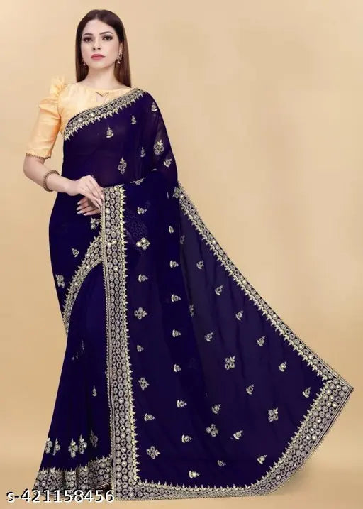 Heavy Design Round Mirror Work Georgette Saree with separate dupion silk blouse, embellished embroidery saree for women, trending mirror work saree from India (5.3m length)
