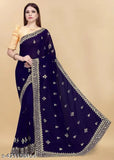 Heavy Design Round Mirror Work Georgette Saree with separate dupion silk blouse, embellished embroidery saree for women, trending mirror work saree from India (5.3m length)
