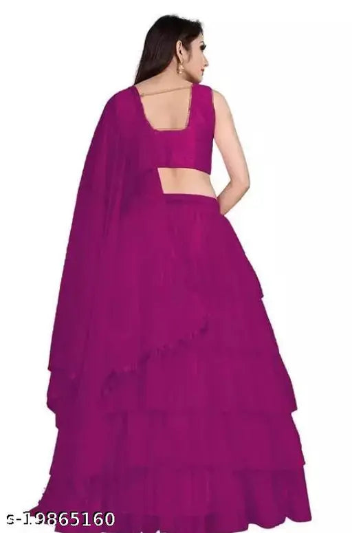 Embroidered silk and net lehenga with lace dupatta, trendy superior women's traditional Indian attire for semi-stitched or unstitched outfits