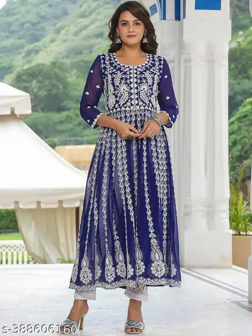 Navy Blue Chikan Embroidery Georgette Straight Kurta, three-quarter sleeves, curated by Vivaan Fashion for women's casual wear, India origin