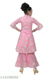 Premia girls festive wear Kurta and Sharara set, printed chiffon A-line kurta with three-quarter sleeves, festive wear for kids aged 3-9 years, Indian traditional outfit on display