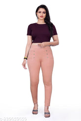 Pink cotton lycra jeggings for women, skin-fit and pleated front with steel button detail, ankle length, mid rise, stretchy and comfortable