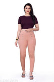 Pink cotton lycra ankle-length jeggings for women, skin fit with front seam detail and elastic waistband