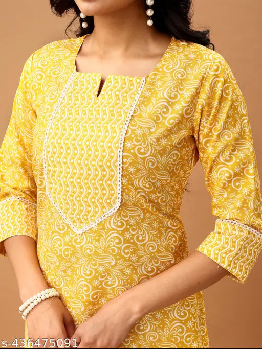 White cotton blend kurta & pants set, FebrilonWomen blue printed with v-neck, floral design, three-quarter sleeves. Set includes 1 kurta and 1 pant, pack of 5 sizes: S to XXL. Indian origin