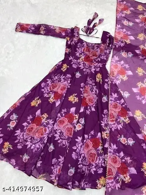 Georgette long-sleeve printed net trendy elegant women's gown, available in sizes XS to XXXL (origin India)