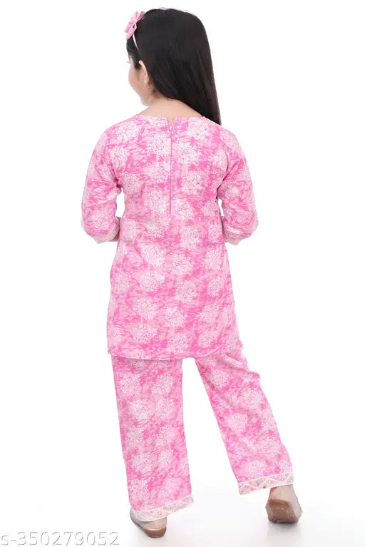 Rayon three-quarter sleeve printed kurti for girls, cute funky design on display stand, various sizes available from 0-1 to 5-6 years