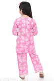 Rayon three-quarter sleeve printed kurti for girls, cute funky design on display stand, various sizes available from 0-1 to 5-6 years