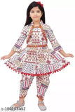 Cotton Cambric Rajasthani kids kurta set for girls, applique top with printed net bottom, sizes 9-12 months to 9-10 years, made in India