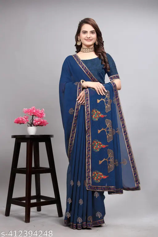 Embroidered blue Zamato traditional wear saree, lightweight and comfortable, adorned with fensi lace and diamond work