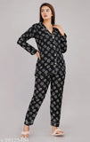 Hand-blocked viscose rayon nightsuit with long sleeves, vibrant print, India origin