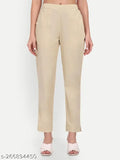Beige solid cotton pants with half elastic waistband and two pockets, sizes ranging from 46 (waist 40in, length 39in, hip 52in) to XXL (waist 37in, length 39in, hip 49in), made in India