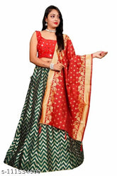 Soft silk and Chanderi silk Lehenga Choli, zari woven pattern, semi-stitched, 100% quality, Indian craftsmanship, suitable for ages 7-16, 140g in weight