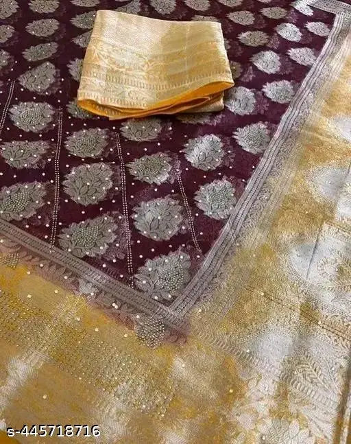 Golden organza fancy saree with unique design, single free size (6m), India-made