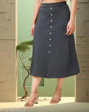 Embellished net-patterned denim blend A-line calf length skirt for women, size 26/28/30/32/34, made in India
