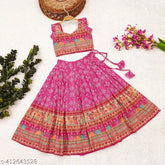 Kids blue rayon lehenga choli with separate blouse pis, ethnic motif print, sleeveless, 2-3 years size: 20in waist, 21in length