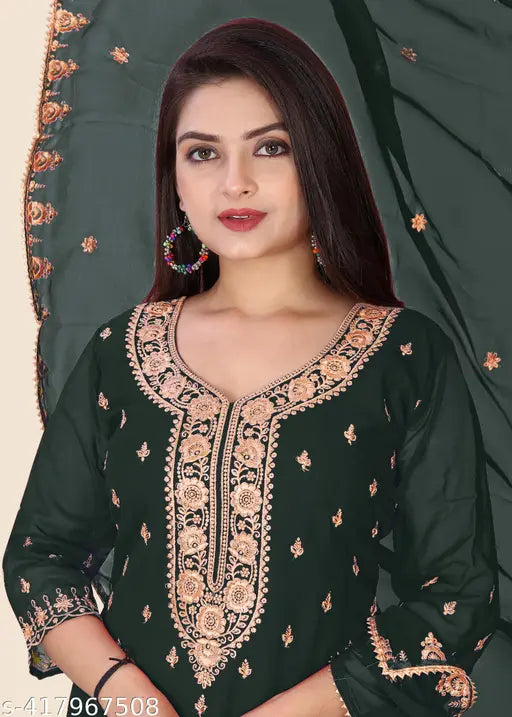 Zari Embroidery Georgette Kurta Set with Dupatta and Sharara for Women, featuring heavy embroidery work, perfect for festive wear. Made in India