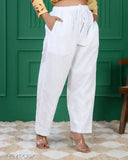 White Chikankari cotton pant for plus size women, intricate Chikankari embroidery on solid white bottomwear