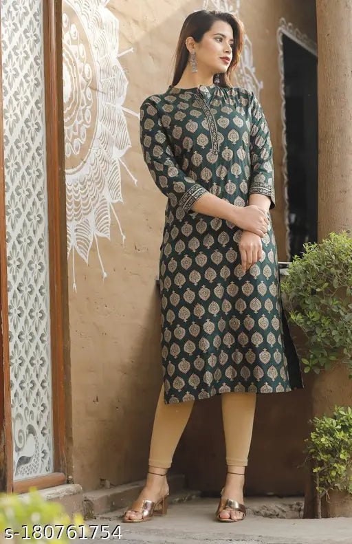 Rayon printed straight kurti for women, three-quarter sleeves, vibrant Indian design in solid color. Rayon long kurti, best modern fashion for women in India