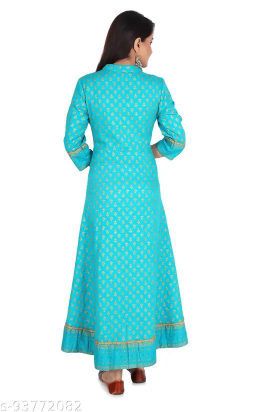 Long dress kurti, cotton three-quarter sleeves with printed floral jacquard and golden smosa border
