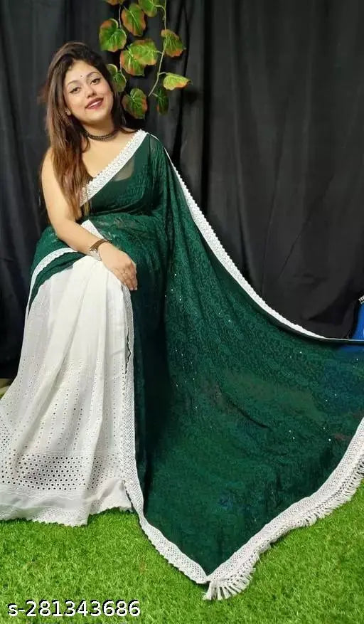 Hakuba cotton saree with chiffon pallu, solid embroidered design, high-quality Indian cotton blend, free size (5.5m), trending fashion saree