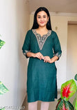 Green Pashmina Woolen Kurta, Kashmiri embroidered three-quarter sleeve, winter wear for women