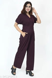 Wine red women's jumpsuit, solid polyester, plus sizes. Soft, designer look, premium quality, comfortable party wear." (123 characters)