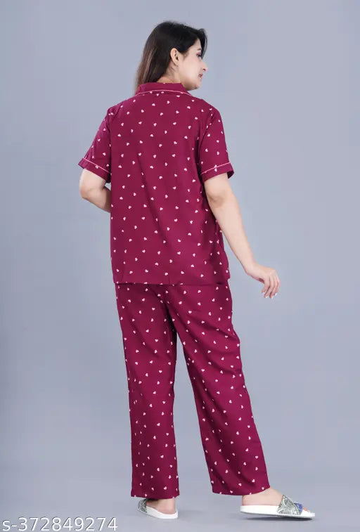 Women's rayon printed nightwear shirt & pyjama set with collared neck and short sleeves, available in sizes S-XXXL. Indian-made sleepwear for women & girls