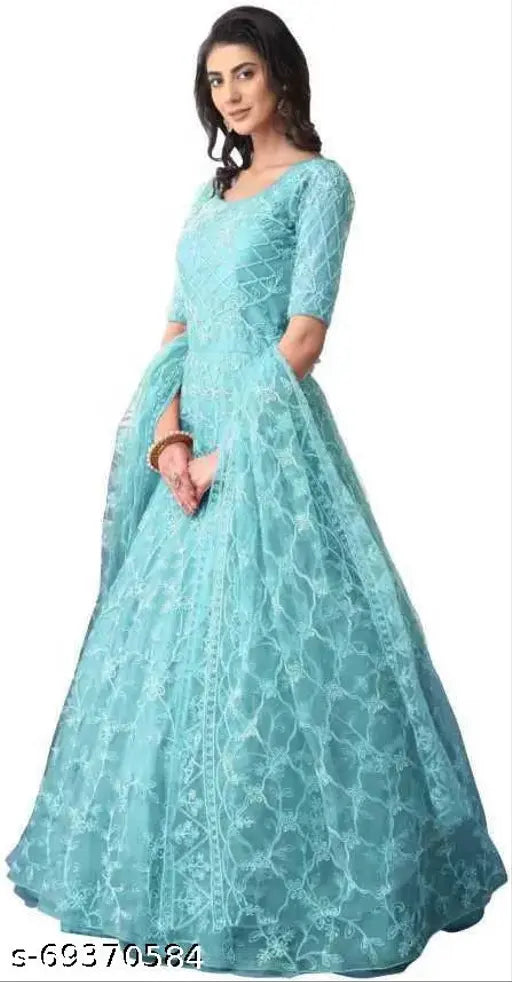 Blue net semi-stitched Anarkali gown (Firozi), self-designed embroidered Indian dress with short sleeves, free size