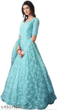 Blue net semi-stitched Anarkali gown (Firozi), self-designed embroidered Indian dress with short sleeves, free size