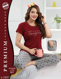Maroon hosiery printed half sleeve T-shirt and pyjama set for ladies sleepwear, featuring a regular fit nightsuit top and bottoms with short sleeves and cotton fabric
