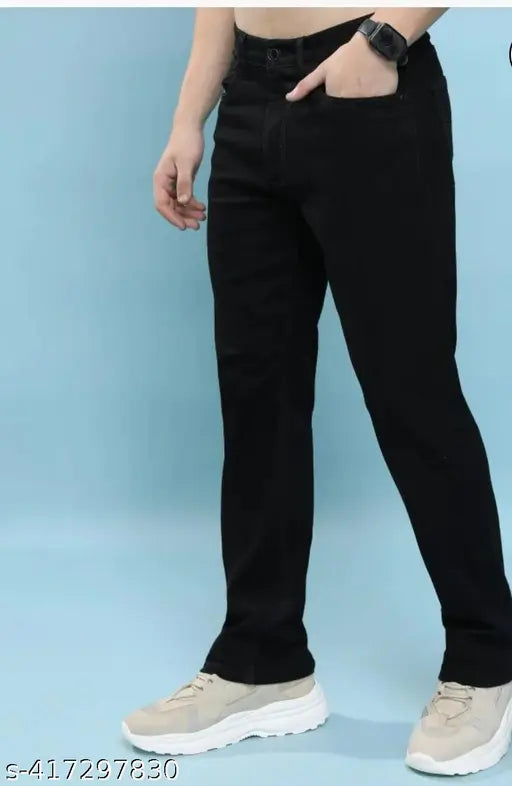 Black cotton slim fit mid-rise men's jeans, modern style for a trendy look. Size 28, 30, or 32 (waist 28/30/32, length 40 in, hip 35/37/39)