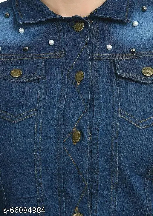 Trendy denim full sleeve embellished women's jacket, solid pattern, Indian origin, enhances wardrobe versatility