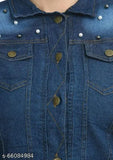 Trendy denim full sleeve embellished women's jacket, solid pattern, Indian origin, enhances wardrobe versatility